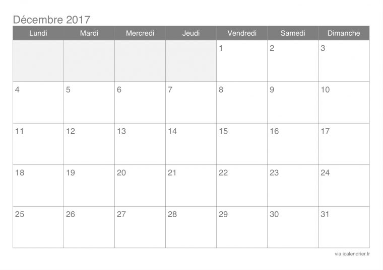 Calendrier Décembre 2017 À Imprimer – Icalendrier intérieur Calendrier 2017 Imprimable