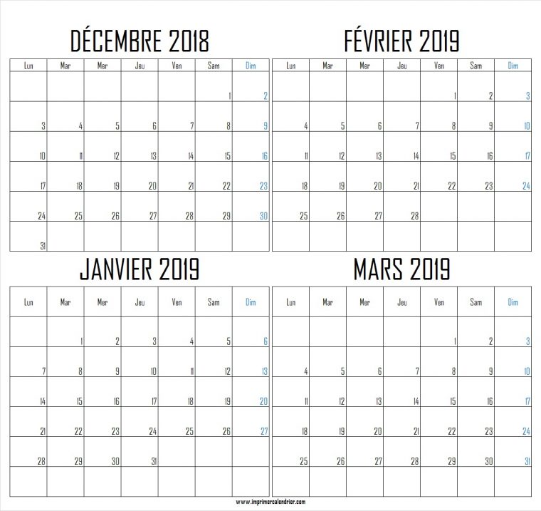 Calendrier Décembre 2018 À Mars 2019 À Imprimer | Imprimer tout Calendrier 2018 À Imprimer Pdf