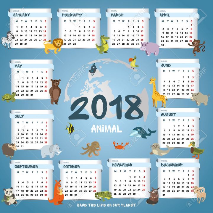 Calendrier Des Enfants 2018. Différents Animaux Sur Le Fond Des Mois.  Vecteur serapportantà Calendrier 2018 Enfant