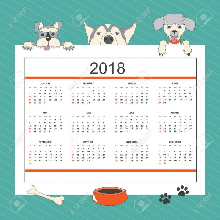 Calendrier Des Enfants Pour L'année 2018 Avec Trois Chiens De Dessin Animé.  Langue Anglaise. Style Américain Classique. La Semaine Commence Le destiné Calendrier 2018 Enfant