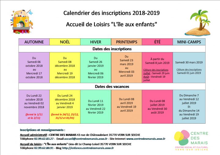 Calendrier Des Inscriptions Alsh L'île Aux Enfants 2018-2019 pour Calendrier 2018 Enfant