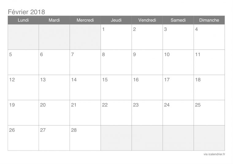 Calendrier Février 2018 À Imprimer – Icalendrier intérieur Calendrier Mensuel 2018 À Imprimer