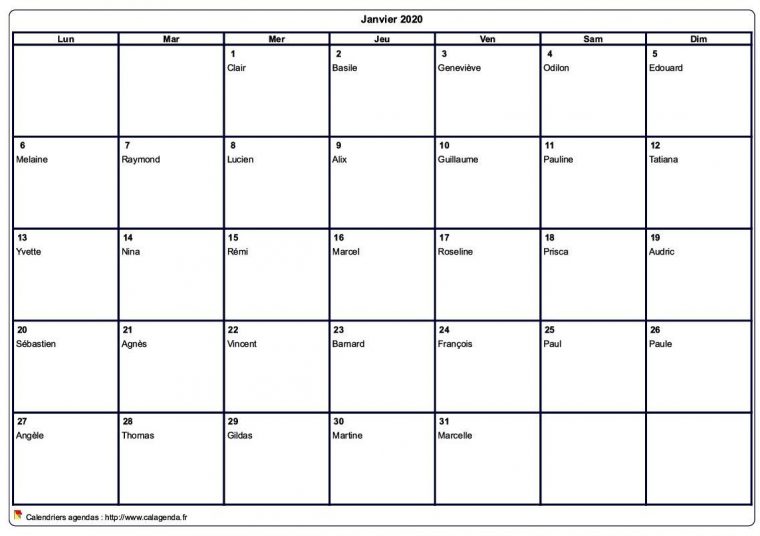 Calendrier Janvier 2020 À Imprimer Vierge, Avec Les Fêtes pour Calendrier 2018 À Imprimer Pdf