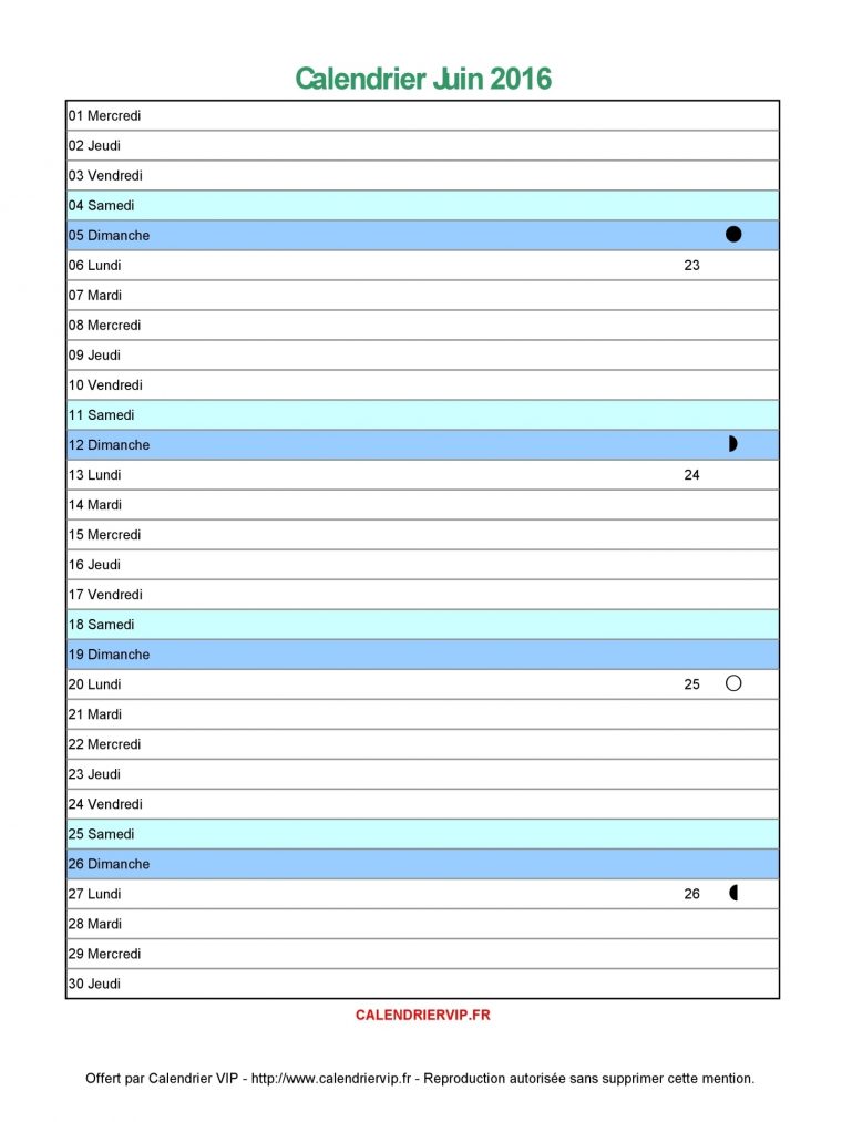 Calendrier Juin 2016 À Imprimer Gratuit En Pdf Et Excel à Calendrier Mensuel 2018 À Imprimer