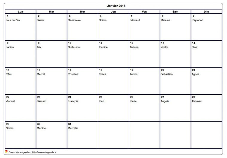 Calendrier Mensuel 2018 À Imprimer Vierge, Avec Les Fêtes avec Calendrier Mensuel 2018 À Imprimer