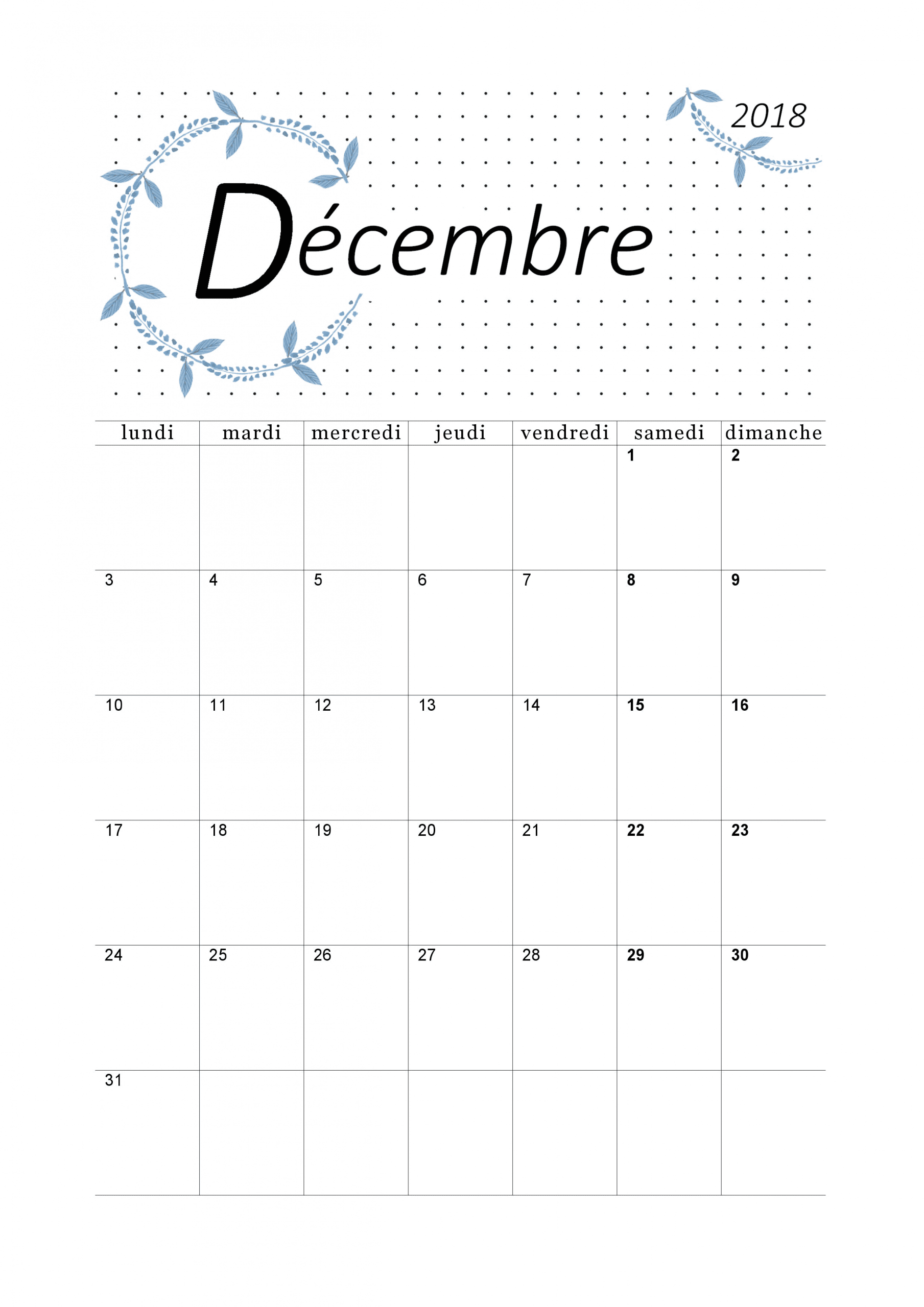 Calendrier Mensuel 2018 Décembre | Calendrier Imprimable encequiconcerne Calendrier 2018 Imprimable Gratuit 