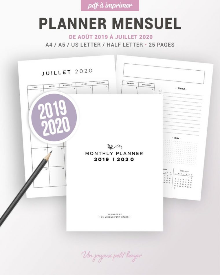 Calendrier Mensuel 2019 2020 Imprimable, Insert Planner 2019-2020 En  Français Pour Organiser Votre Planning, To Do List, Notes Par Mois avec Calendrier Anniversaire Perpétuel À Imprimer