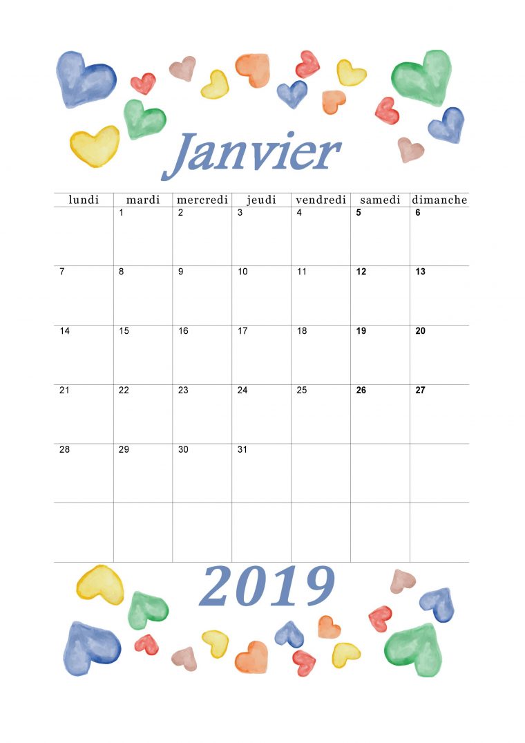 Calendrier Mensuel 2019 : Mois De Janvier | Calendrier avec Calendrier 2018 À Imprimer Pdf