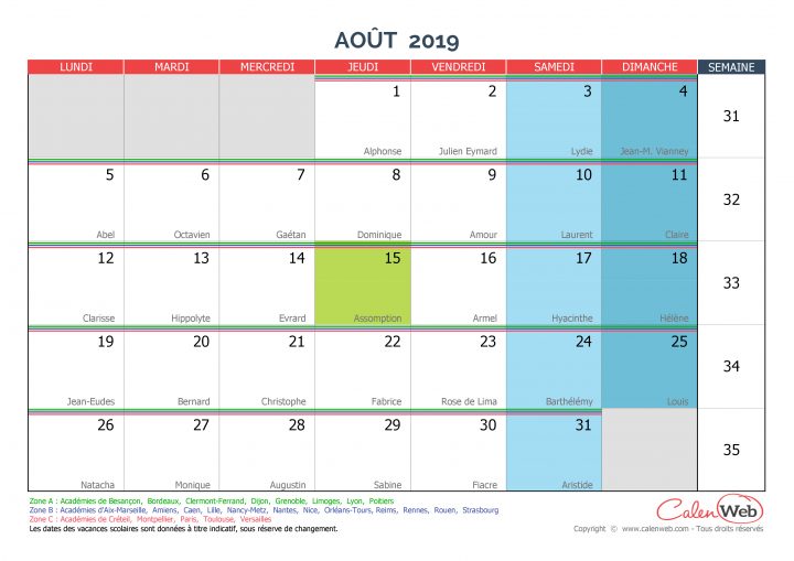 Calendrier Mensuel – Mois D'août 2019 Avec Fêtes, Jours serapportantà Calendrier 2019 Avec Jours Fériés Vacances Scolaires À Imprimer