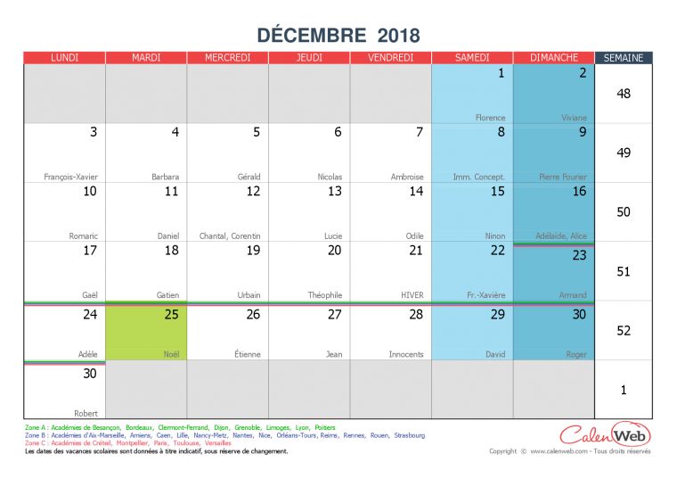 Calendrier Mensuel – Mois De Décembre 2018 Avec Fêtes, Jours avec Calendrier Mensuel 2018 À Imprimer