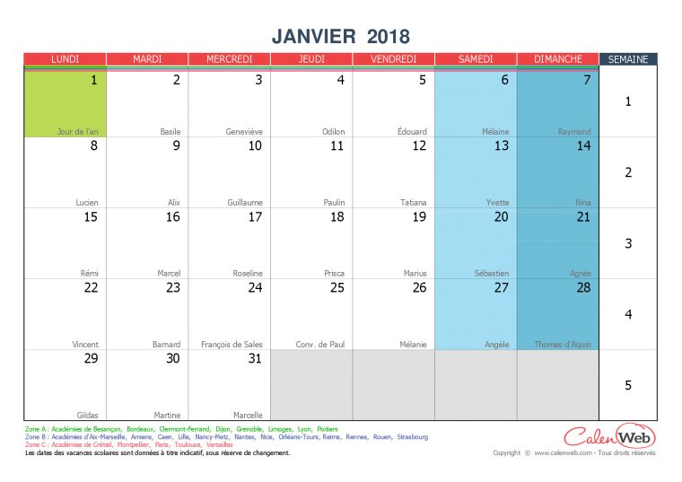 Calendrier Mensuel – Mois De Janvier 2018 Avec Fêtes, Jours serapportantà Calendrier Mensuel 2018 À Imprimer