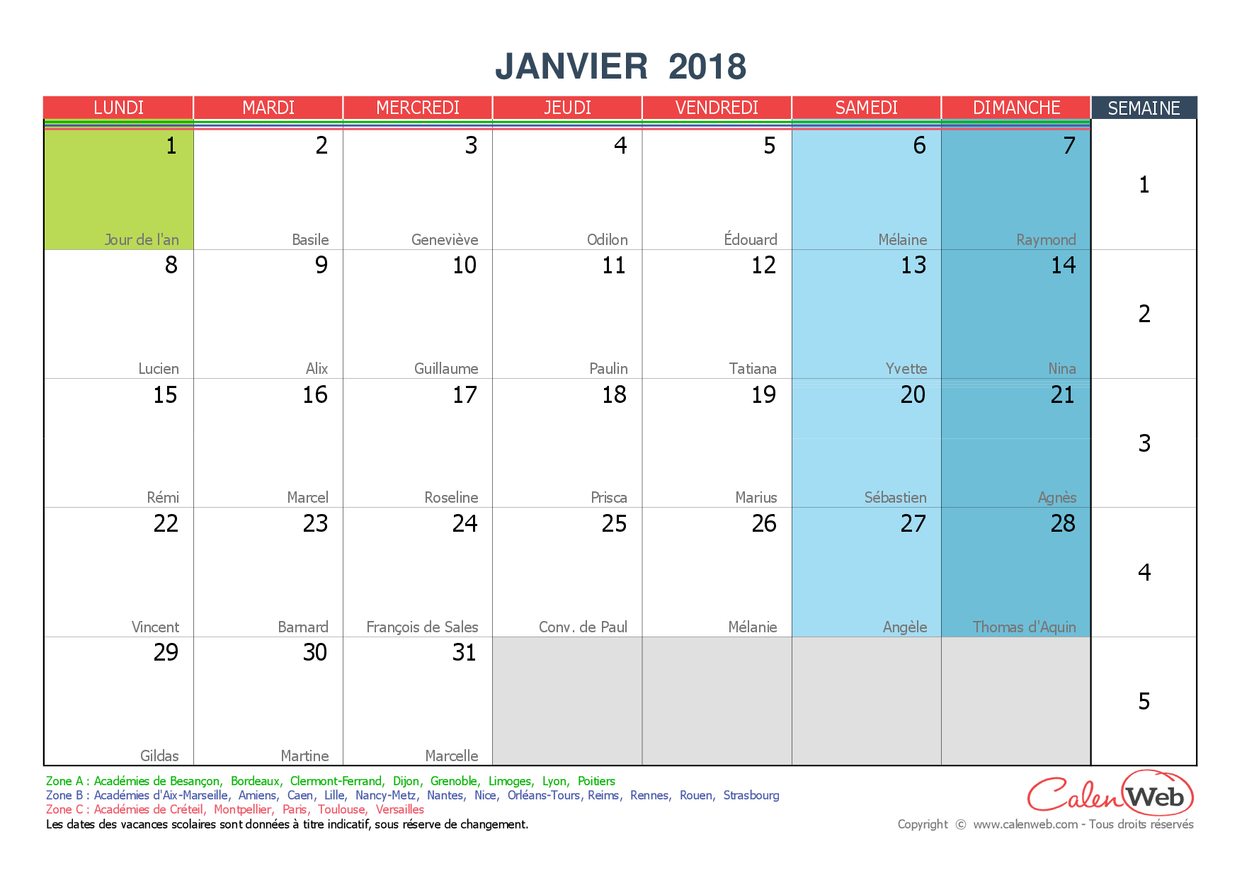 Calendrier Mensuel - Mois De Janvier 2018 Avec Fêtes, Jours tout Calendrier 2018 Avec Jours Fériés Vacances Scolaires À Imprimer