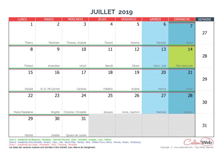 Calendrier Mensuel – Mois De Juillet 2019 Avec Fêtes, Jours encequiconcerne Calendrier 2019 Avec Jours Fériés Vacances Scolaires À Imprimer