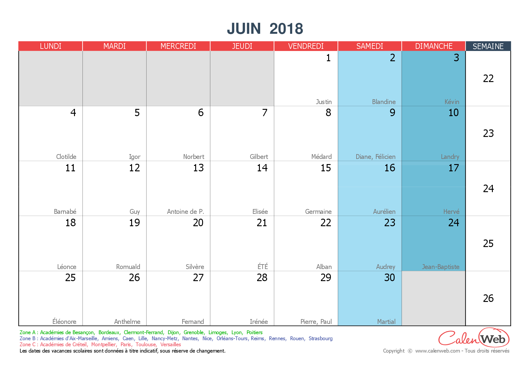 Calendrier Mensuel - Mois De Juin 2018 Avec Fêtes, Jours concernant Calendrier Mensuel 2018 À Imprimer 
