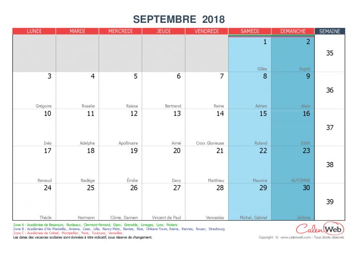 Calendrier Mensuel – Mois De Septembre 2018 Avec Fêtes destiné Calendrier 2018 Avec Jours Fériés Vacances Scolaires À Imprimer