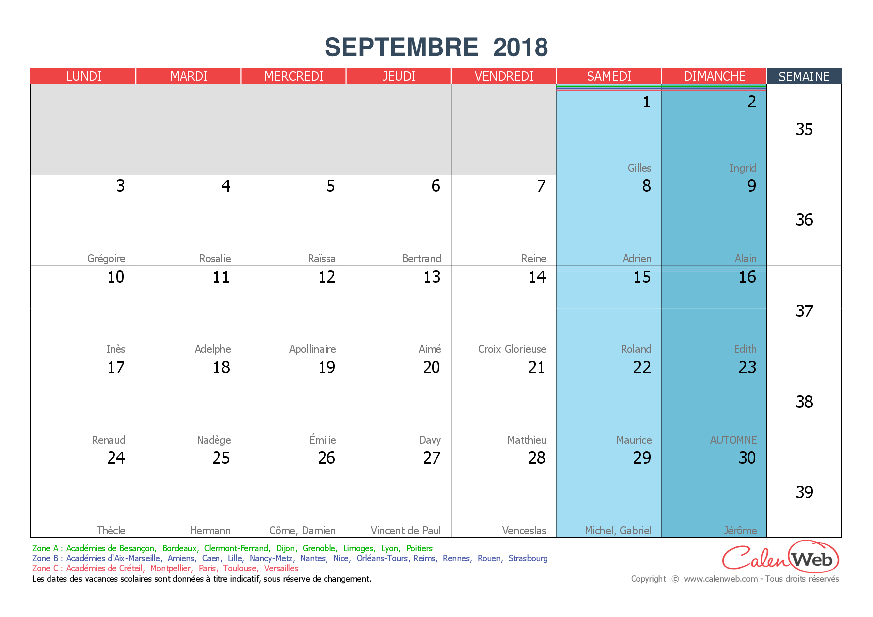 Calendrier Mensuel - Mois De Septembre 2018 Avec Fêtes destiné Calendrier 2018 Avec Jours Fériés Vacances Scolaires À Imprimer