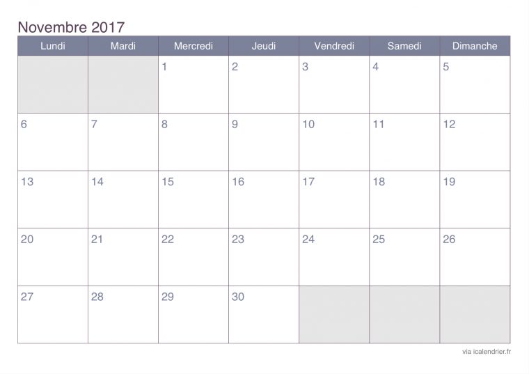 Calendrier Novembre 2017 À Imprimer – Icalendrier pour Calendrier 2017 Imprimable