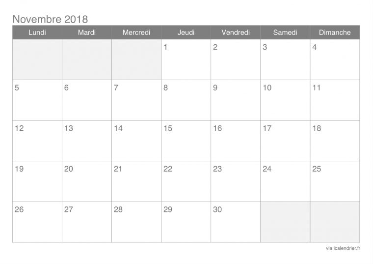 Calendrier Novembre 2018 À Imprimer – Icalendrier à Calendrier 2018 À Imprimer Pdf