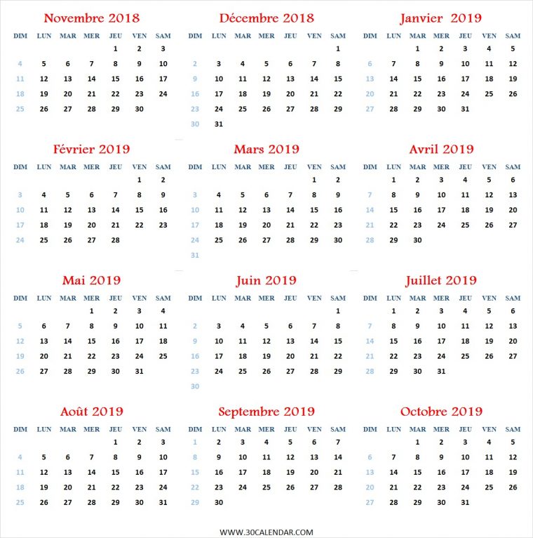 Calendrier Novembre 2018 À Octobre 2019 À Imprimer | Douze Mois dedans Calendrier Mensuel 2018 À Imprimer