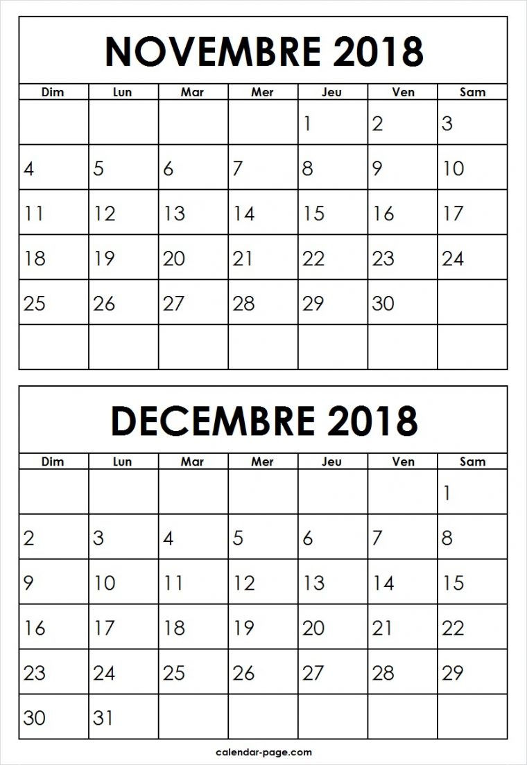 Calendrier Novembre Decembre 2018 A Imprimer | Mensuel dedans Calendrier Mensuel 2018 À Imprimer