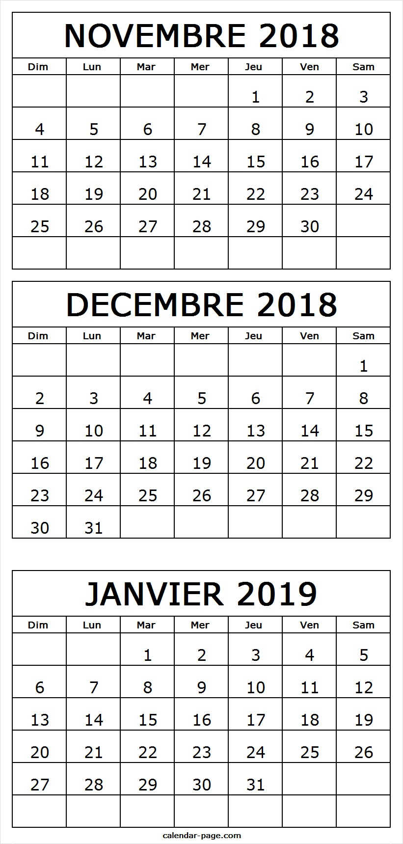 Calendrier Novembre Decembre 2018 Janvier 2019 A Imprimer dedans Calendrier 2018 Imprimable Gratuit