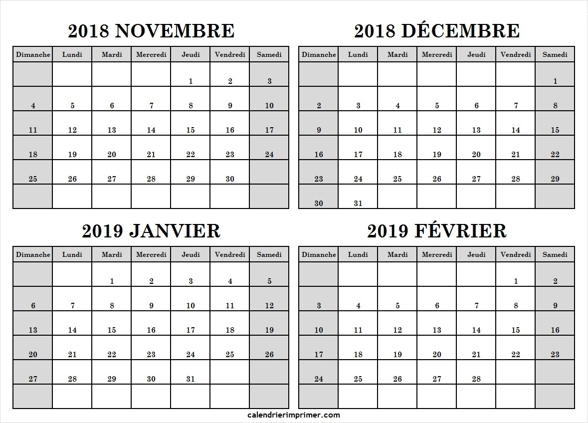 Calendrier Novembre Décembre 2018 Janvier Février 2019 intérieur Calendrier Mensuel 2018 À Imprimer
