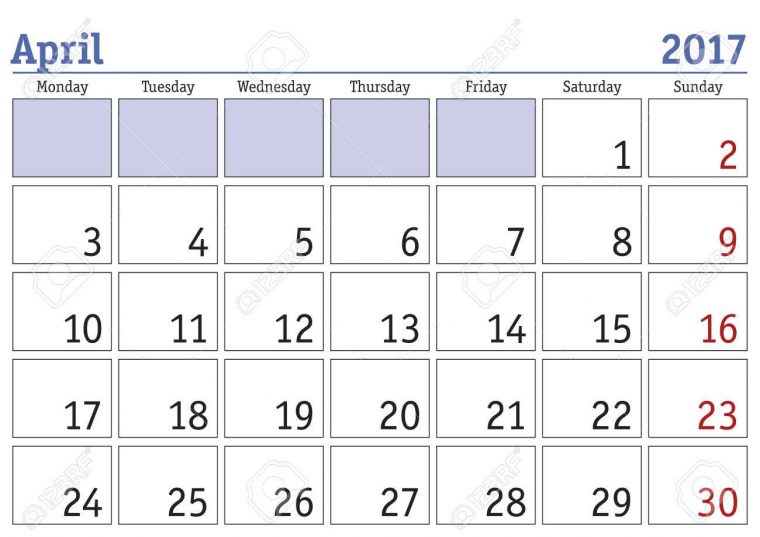 Calendrier Numérique Simple Pour Avril 2017. Vector Imprimable Calendrier.  Planificateur Mensuel. La Semaine Commence Le Lundi. Anglais Calendar avec Calendrier 2017 Imprimable