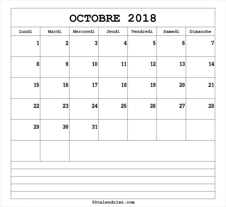 Calendrier Octobre 2018 A Imprimer – Calendrier De 30 Jours destiné Calendrier Mensuel 2018 À Imprimer