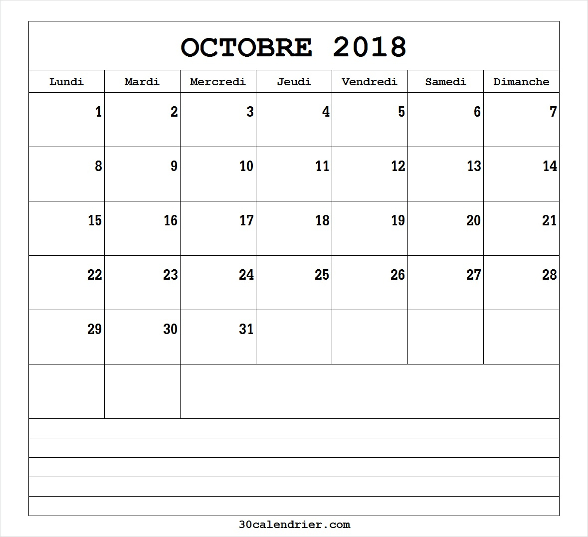 Calendrier Octobre 2018 A Imprimer - Calendrier De 30 Jours destiné Calendrier Mensuel 2018 À Imprimer