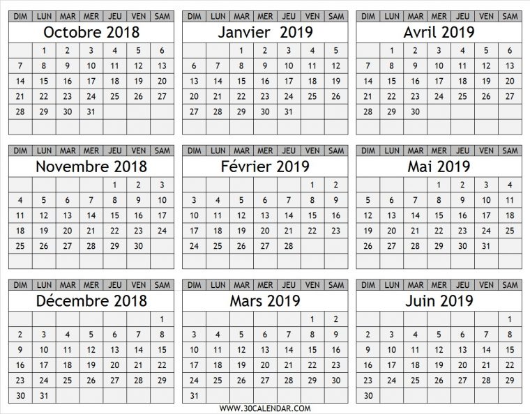 Calendrier Octobre 2018 À Juin 2019 | Calendrier De Neuf Mois intérieur Calendrier Mensuel 2018 À Imprimer