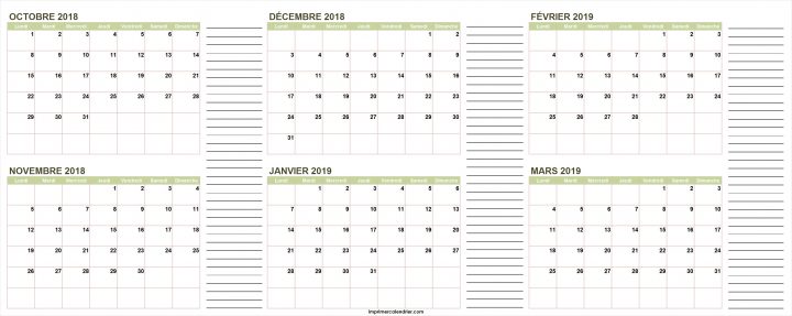 Calendrier Octobre 2018 À Mars 2019 | Calendrier Pour Imprimer pour Calendrier Annuel 2019 À Imprimer Gratuit