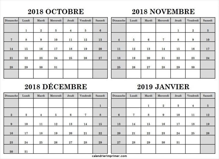 Calendrier Octobre Novembre Décembre 2018 Janvier 2019 intérieur Calendrier Mensuel 2018 À Imprimer