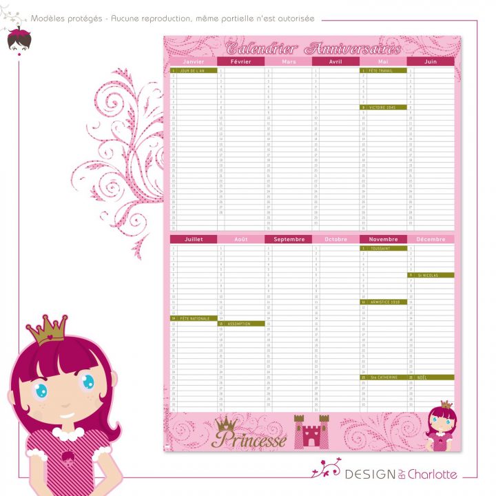 Calendrier Perpétuel Princesse – Anniversaire Et Fête avec Calendrier Des Anniversaires À Imprimer