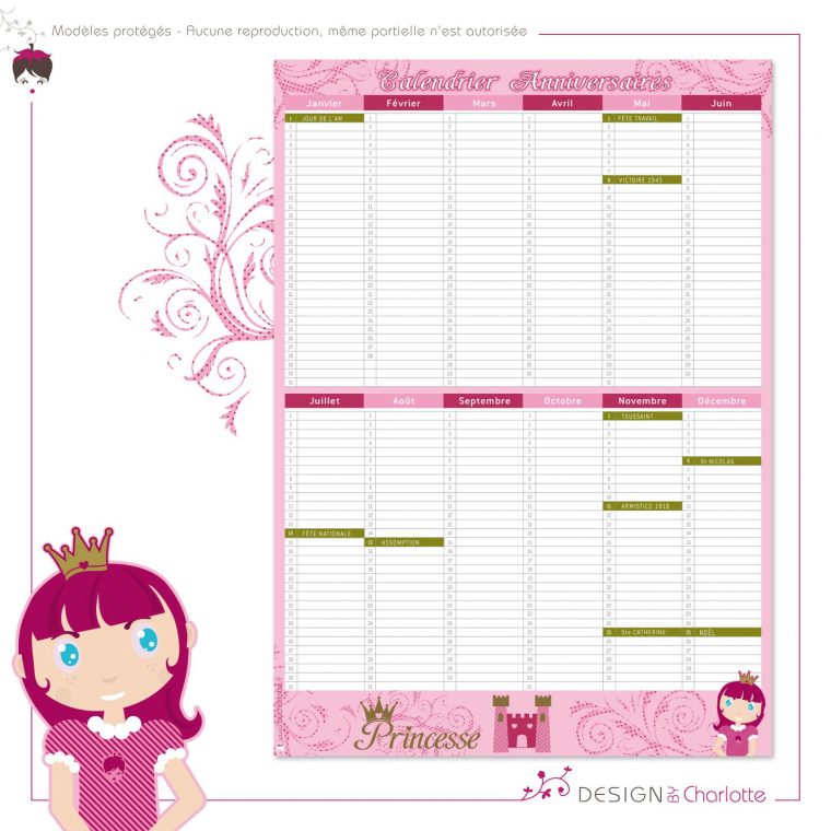 Calendrier Perpétuel Princesse – Anniversaire Et Fête serapportantà Calendrier Anniversaire Perpétuel À Imprimer