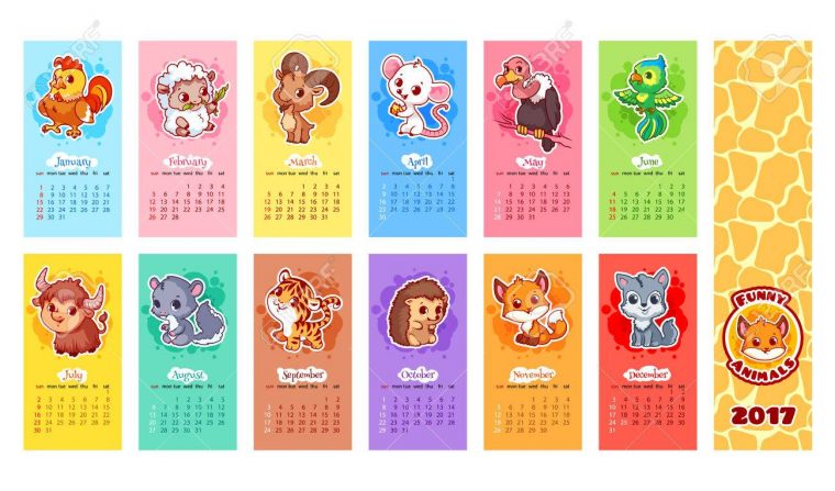 Calendrier Pour 2017 Année Avec Les Animaux. Semaine Commence Dimanche.  Personnages De Dessins Animés Drôles. Modèle De Calendrier Pour Les Enfants. pour Calendrier Enfant Semaine