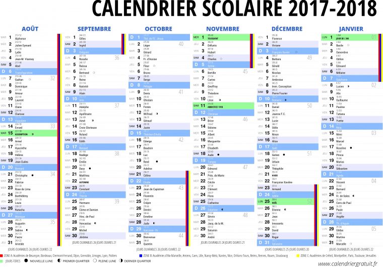 Calendrier #scolaire 2017 2018 A Imprimer – 1Er Semestre De intérieur Calendrier 2017 Imprimable