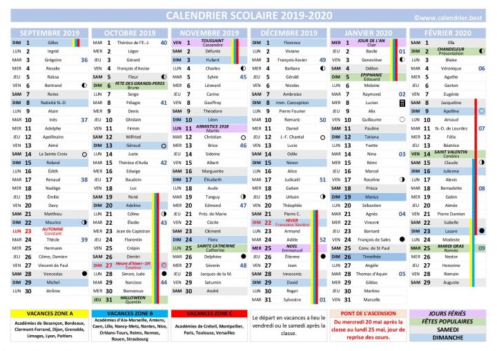 Calendrier Scolaire 2019 Et 2020 À Imprimer -Calendrier.best dedans Calendrier 2019 Avec Jours Fériés Vacances Scolaires À Imprimer