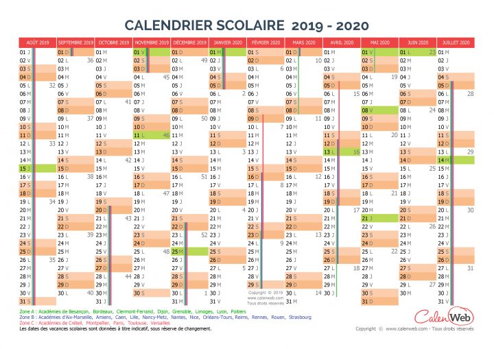 Calendrier Scolaire 2019 Et 2020 Avec Numéro De Semaineà destiné Calendrier 2019 Avec Semaine