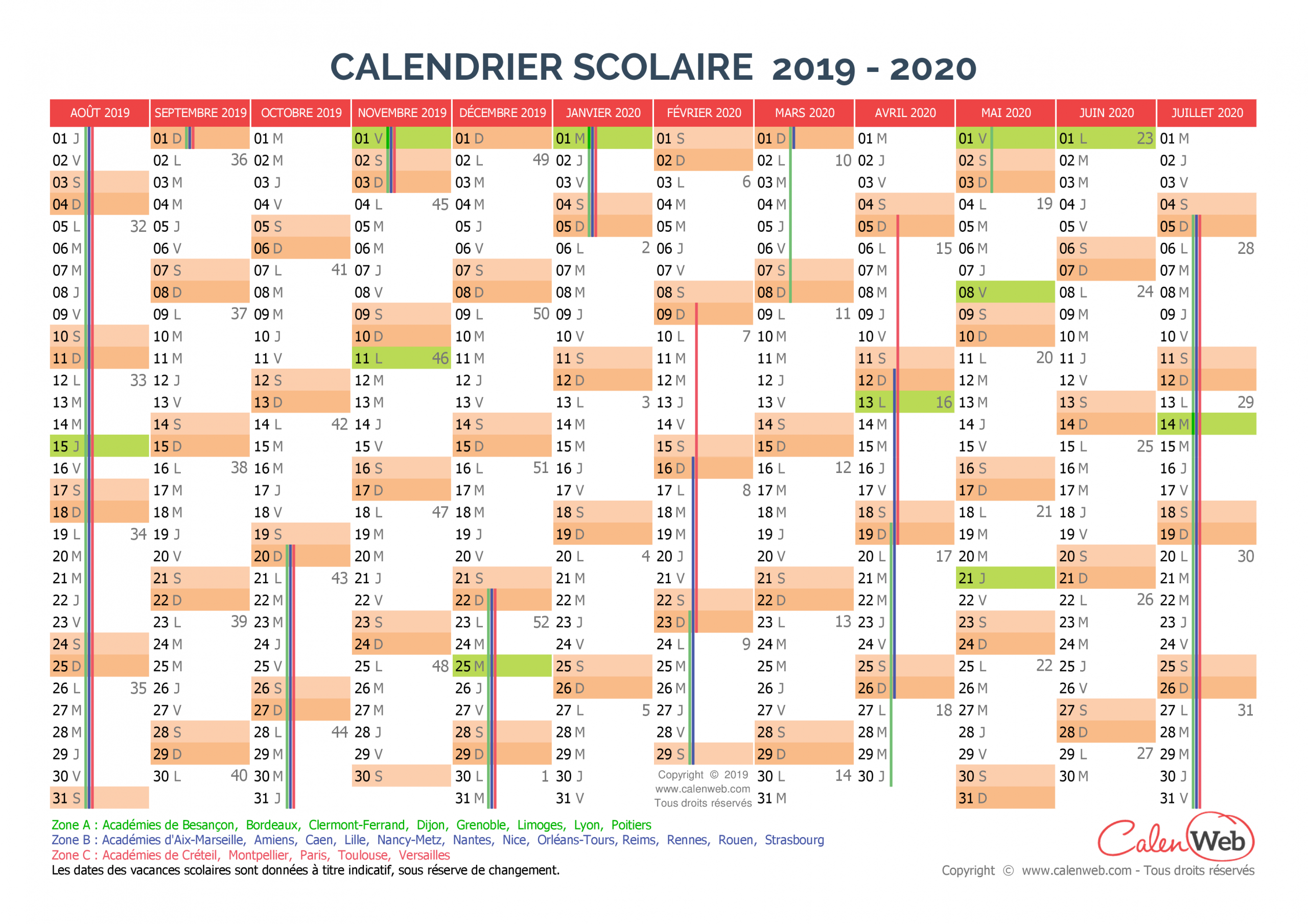Calendrier Scolaire 2019 Et 2020 Avec Numéro De Semaineà destiné Calendrier 2019 Avec Semaine 