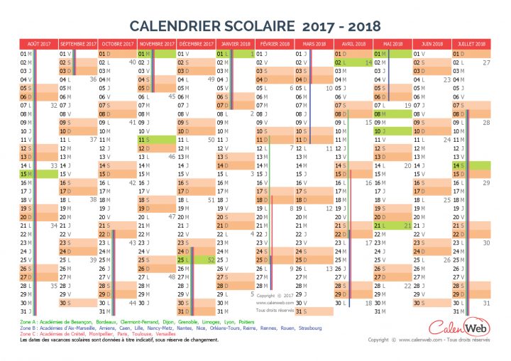 Calendrier Scolaire Annuel 2017-2018 Avec Affichage Des tout Calendrier 2018 Avec Jours Fériés Vacances Scolaires À Imprimer