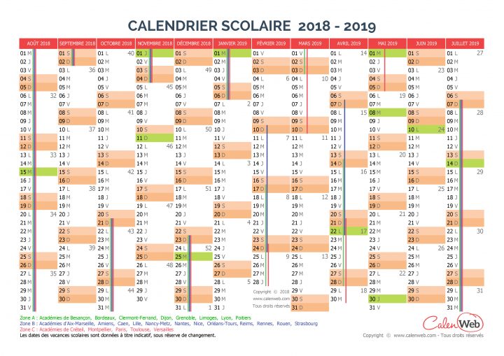 Calendrier Scolaire Annuel 2018-2019 Avec Affichage Des à Calendrier 2019 Avec Jours Fériés Vacances Scolaires À Imprimer