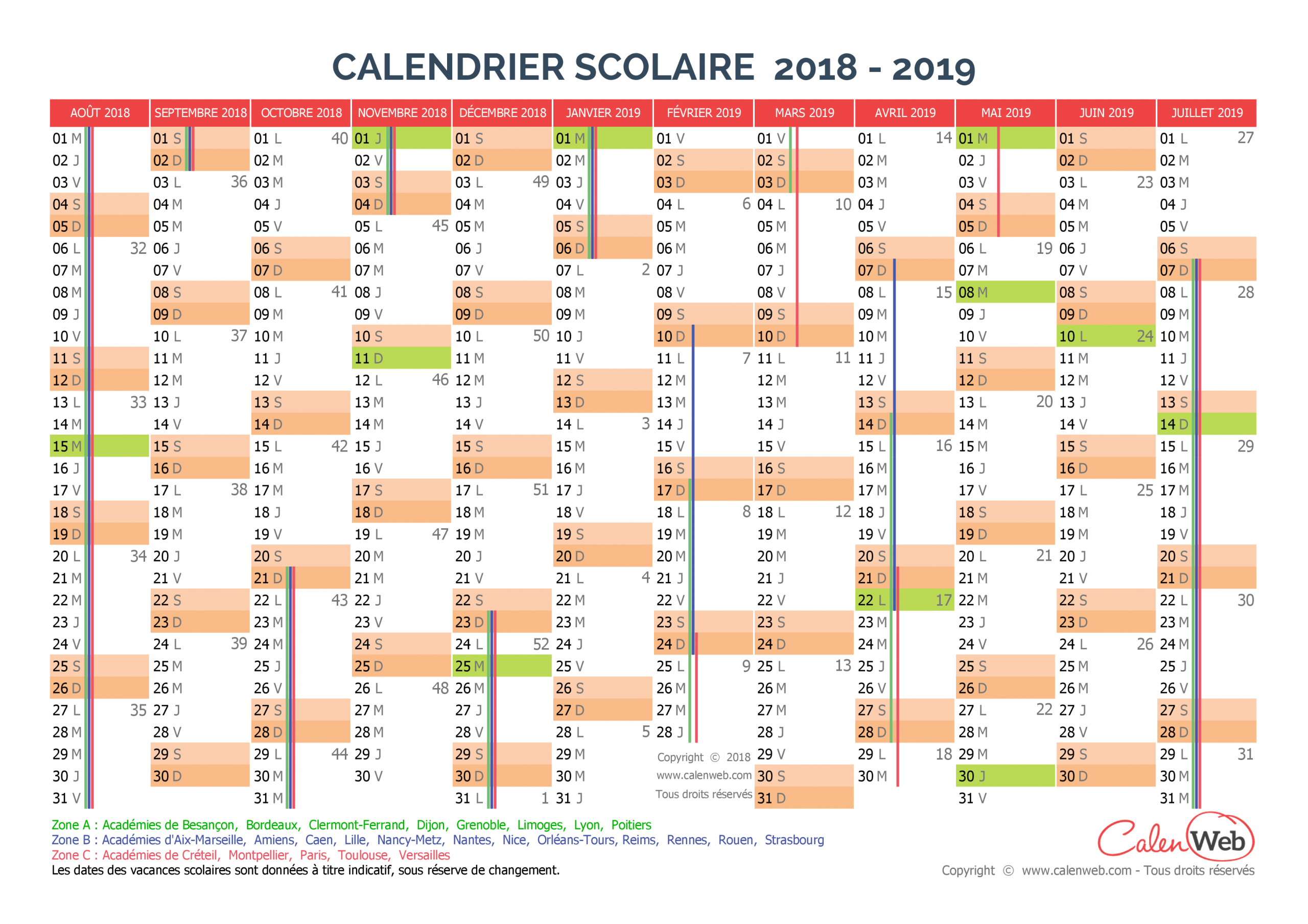 Calendrier Scolaire Annuel 2018-2019 Avec Affichage Des à Calendrier 2019 Avec Jours Fériés Vacances Scolaires À Imprimer