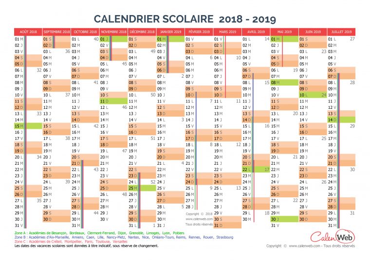 Calendrier Scolaire Annuel 2018-2019 Avec Affichage Des à Calendrier Annuel 2018 À Imprimer