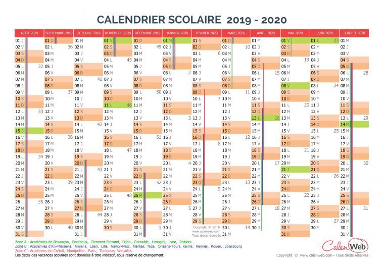 Calendrier Scolaire Annuel 2019-2020 Avec Affichage Des avec Calendrier 2019 Avec Jours Fériés Vacances Scolaires