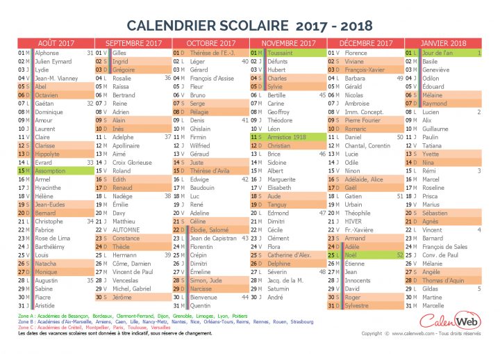 Calendrier Scolaire Semestriel 2017-2018 Avec Affichage Des tout Calendrier 2018 Avec Jours Fériés Vacances Scolaires À Imprimer