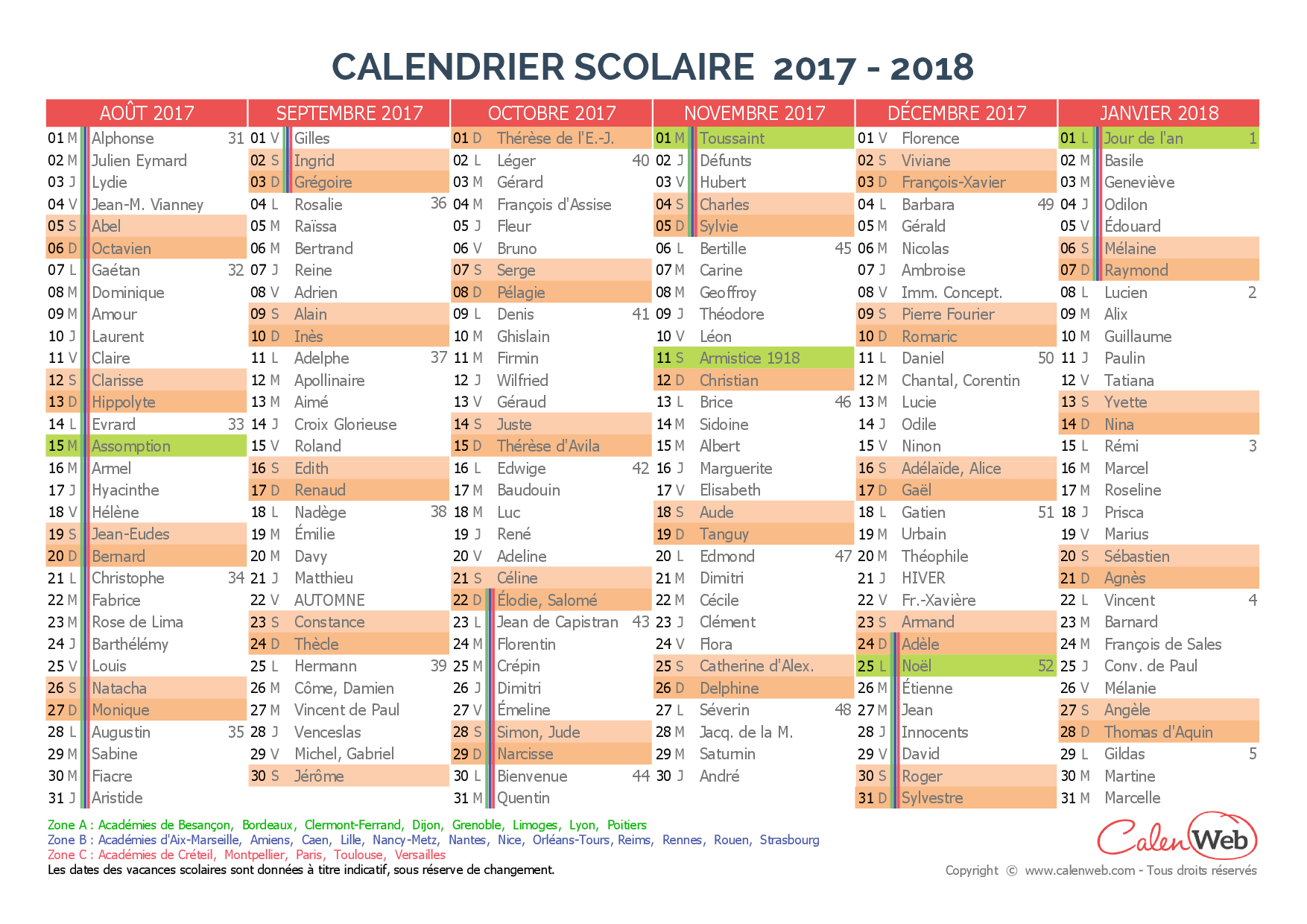 Calendrier Scolaire Semestriel 2017-2018 Avec Affichage Des tout Calendrier 2018 Avec Jours Fériés Vacances Scolaires À Imprimer