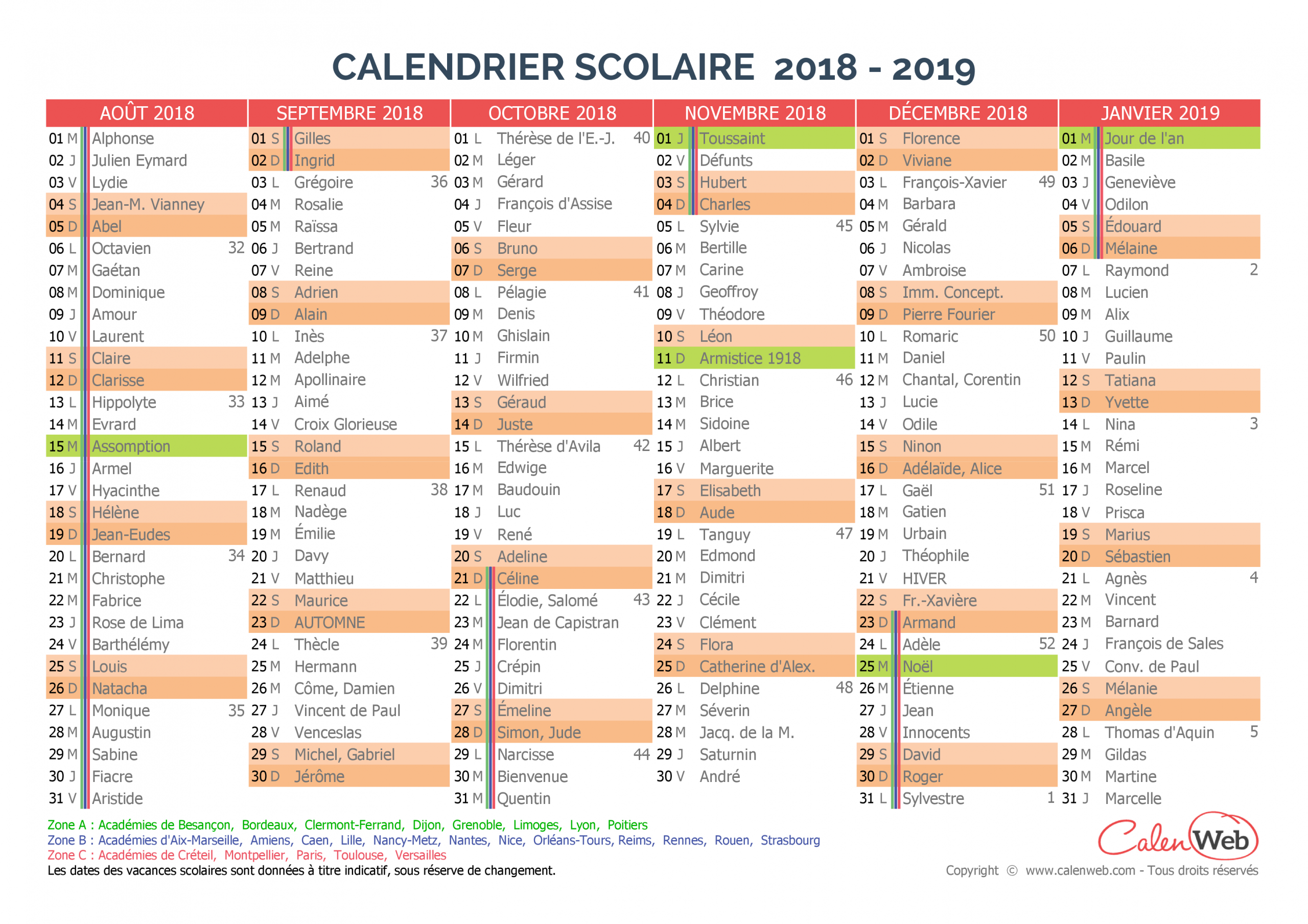 Calendrier Scolaire Semestriel 2018-2019 Avec Affichage Des destiné Calendrier 2019 Avec Jours Fériés Vacances Scolaires