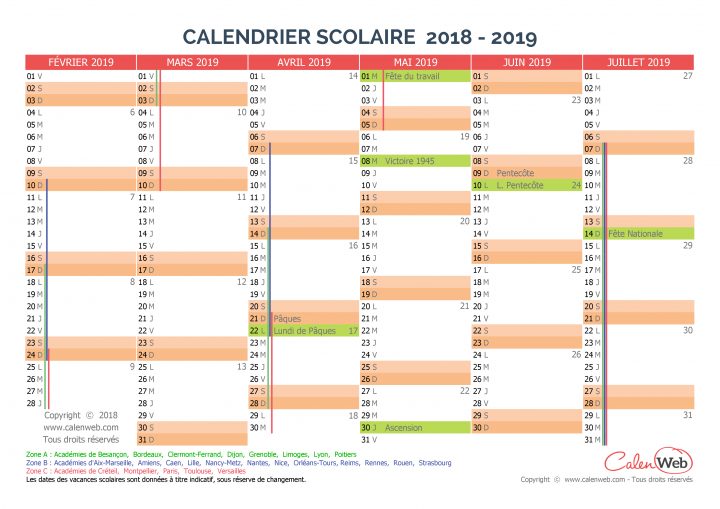 Calendrier Scolaire Semestriel 2018-2019 Avec Affichage Des tout Calendrier 2018 Avec Jours Fériés Vacances Scolaires À Imprimer