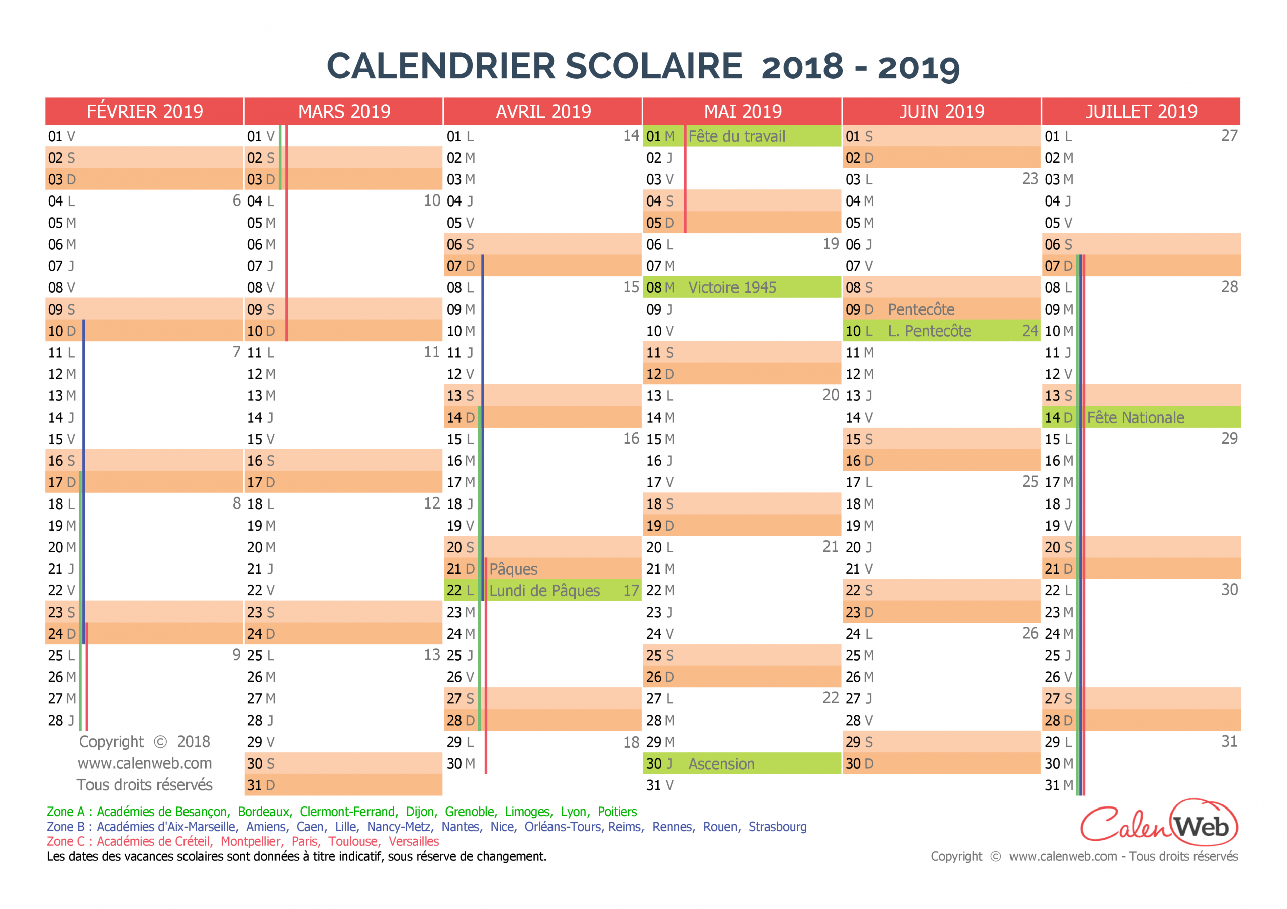 Calendrier Scolaire Semestriel 2018-2019 Avec Affichage Des tout Calendrier 2018 Avec Jours Fériés Vacances Scolaires À Imprimer