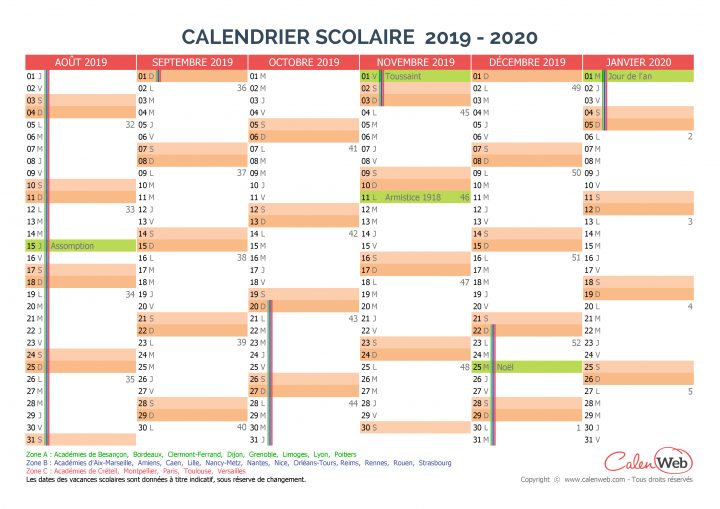 Calendrier Scolaire Semestriel 2019-2020 Avec Affichage Des avec Calendrier Annuel 2019 À Imprimer Gratuit